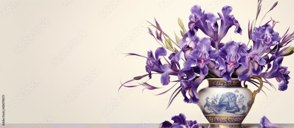 Poster Festive greeting card displaying copy space image for various occasions featuring a vase with violet irises xiphium.