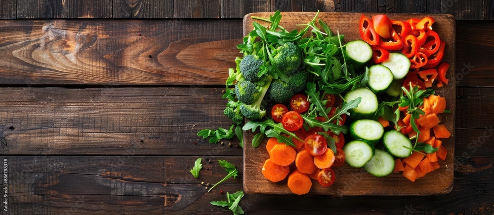 Poster Fresh vegetables arranged neatly on a cutting board creating a delightful scene with ample copy space image.