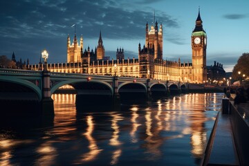Naklejka premium Big Ben and the houses of Parliament at night in London UK, generative IA