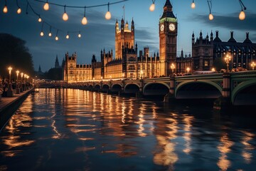 Big Ben and the houses of Parliament at night in London UK, generative IA
