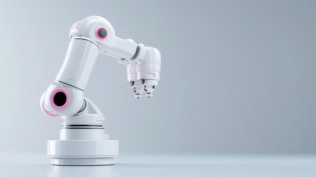 Yellow robotic arm isolated on white background.