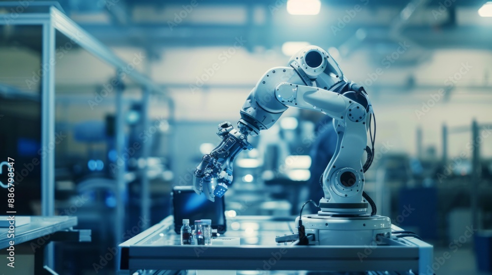 Aufkleber An automated robotic arm carefully handles small objects on a table in a clean, bright, industrial setting