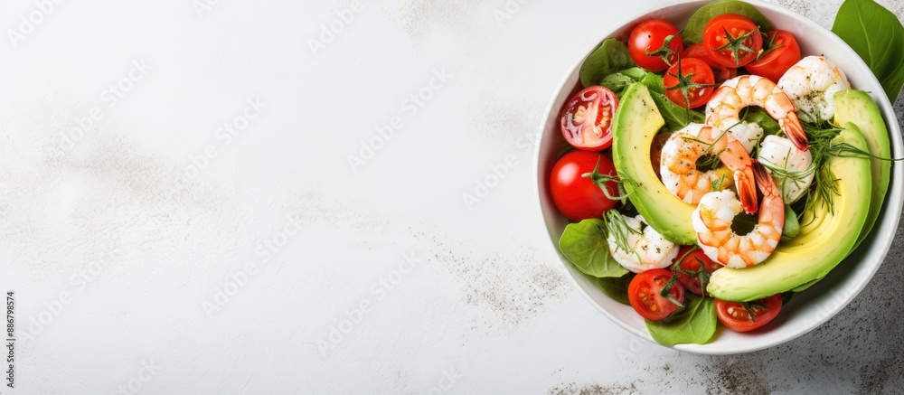 Poster close-up of a salad bowl containing avocado, prawns, tomato, and mozzarella on a light stone backdro