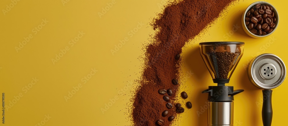Aufkleber coffee beans and packaging alongside a portafilter set against a yellow backdrop with copy space ima
