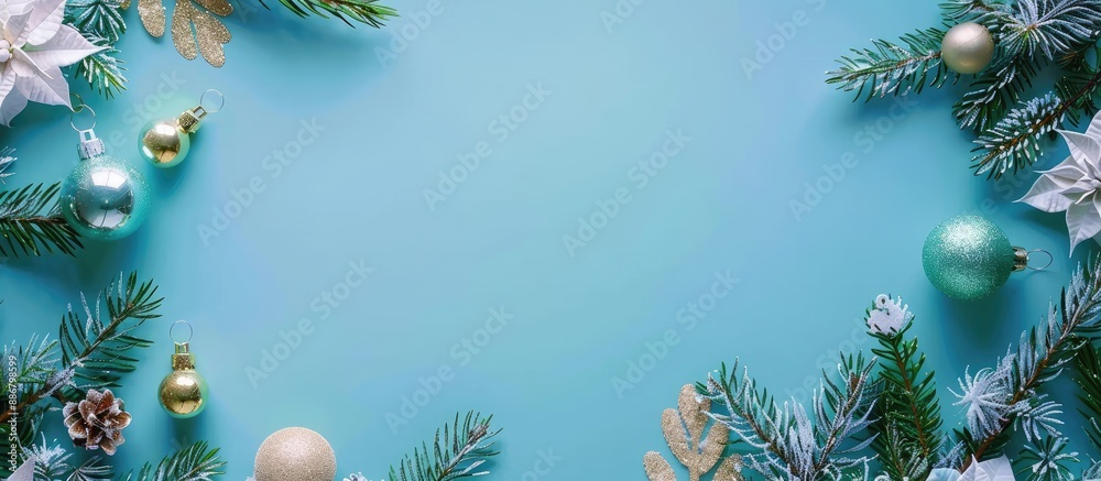 Poster blue christmas background adorned with decorations in a flat lay style, providing ample copy space i