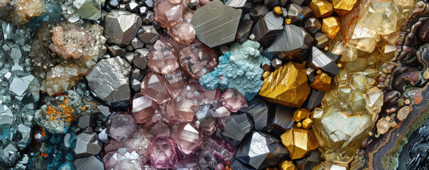 A detailed illustration of rare earth minerals in their raw form, with elements such as promethium