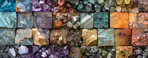 A rare earth mineral collage with elements such as praseodymium, lanthanum, and neodymium arranged in an artistic pattern. The varied colors and textures highlight the uniqueness of each mineral.