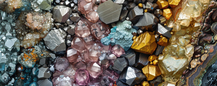 A detailed illustration of rare earth minerals in their raw form, with elements such as promethium