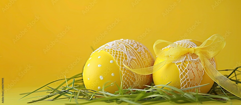 Poster easter decoration featuring two yellow eggs adorned with lace ribbons nestled in green grass twigs o