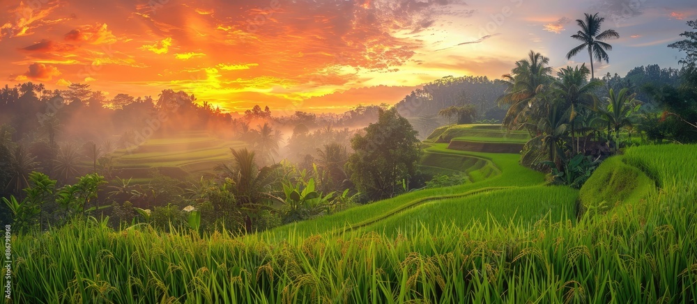 Poster lush green rice fields under a colorful sky with trees in the background growing under the sunrise w