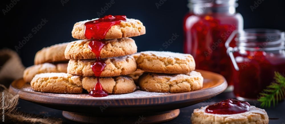 Poster Cookies with syrup and jam displayed on the desk with copy space image.