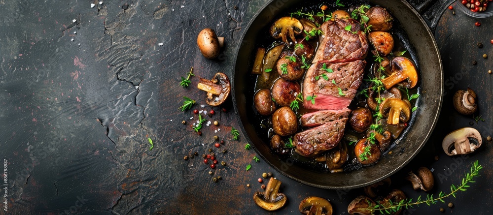 Aufkleber venison fillet, roasted with thyme and garlic mushrooms, presented in a skillet against a rustic bac