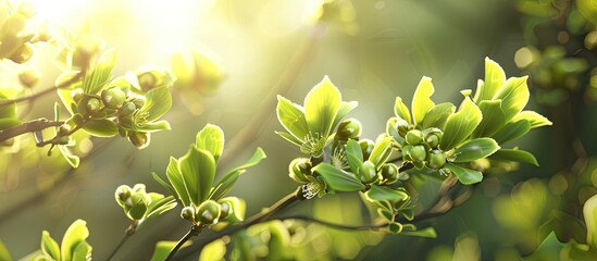 Naklejka premium Fresh green buds with blossoming leaves, allowing sunlight to filter through.