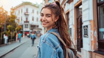 Fototapeta premium Fashion. Young stylish woman walking on the city street looking back camera smiling playful