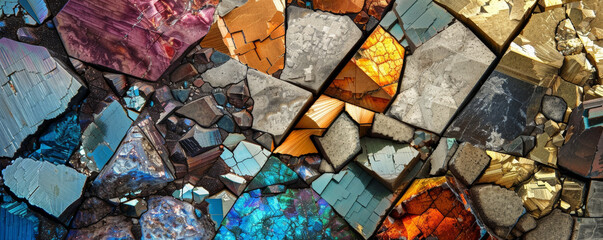 A rare earth mineral collage with elements such as praseodymium, lanthanum, and neodymium arranged in an artistic pattern. The varied colors and textures highlight the uniqueness of each mineral.