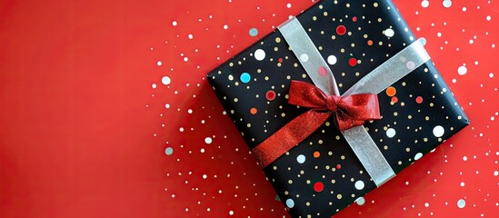 Colorful and festive Merry Christmas and Happy New Year themed gift on a vibrant red background with black and white gift packaging, perfect for a copy space image.