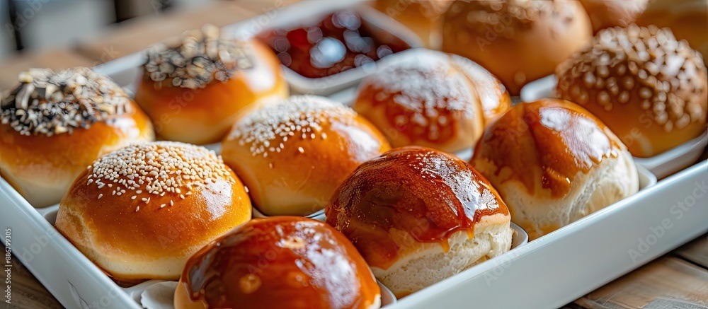 Aufkleber Cheese buns with various fillings like dulce de leche and guava jam, neatly arranged in a white container with copy space image and selective focus.