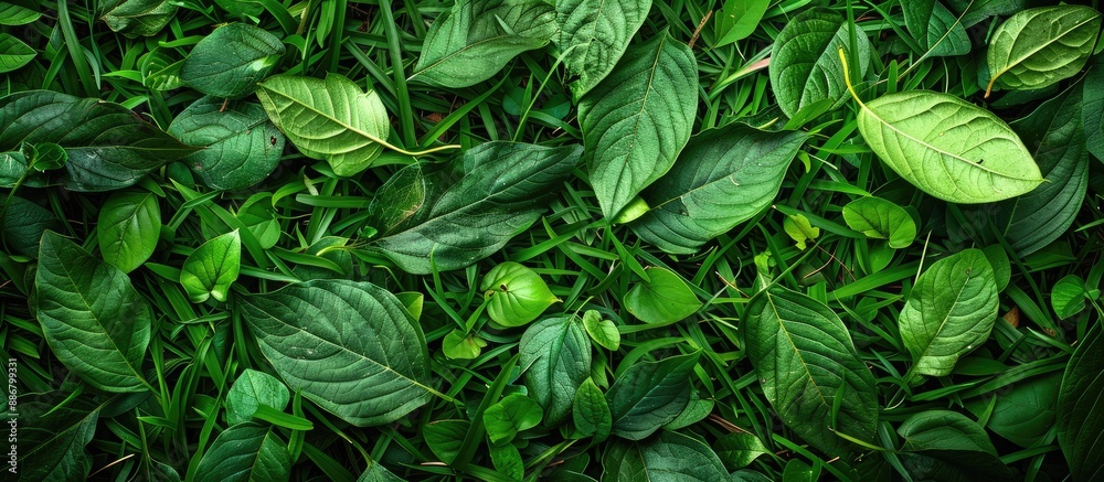 Aufkleber green leaves scattered on the lush green grass, creating a serene and refreshing environment with am