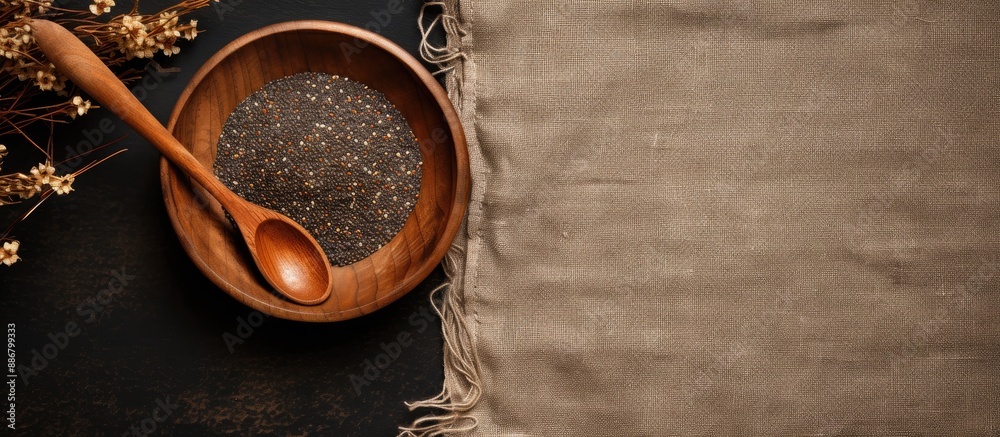 Poster flat lay featuring a wooden bowl filled with chia seeds on a textured burlap backdrop. a spoon is pl