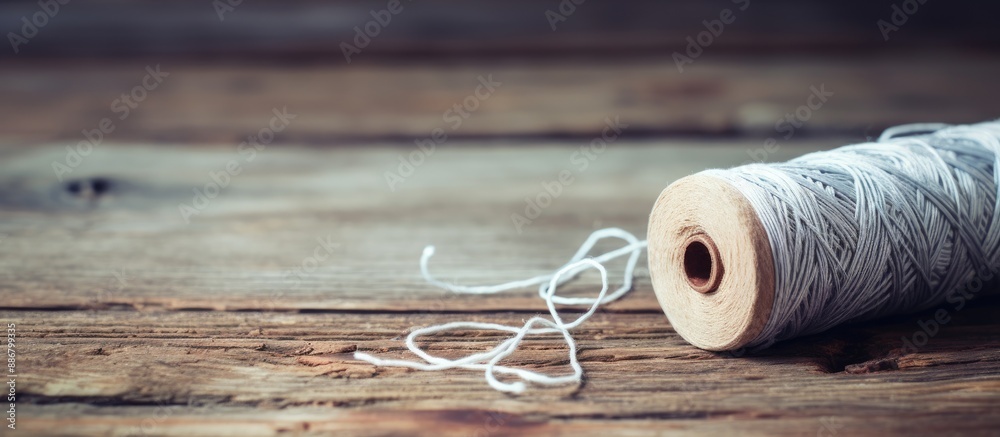 Aufkleber selective focus on a wooden background with gray cotton thread, creating a peaceful copy space image