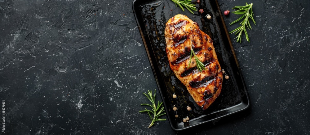 Poster a view from above of a grilled chicken breast presented on a sleek black tray with ample copy space 