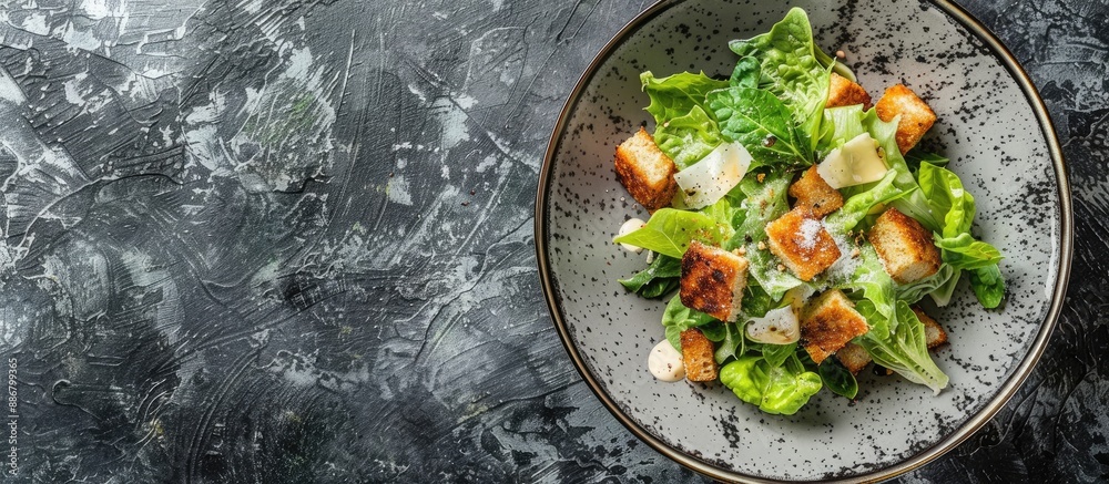 Poster Caesar salad plated on a modern ceramic dish placed on a slate table with a backdrop perfect for copy space image.