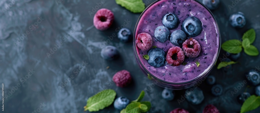 Aufkleber Grey background with a blueberry smoothie in a glass, providing ample space for text in the image.