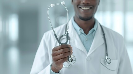 African doctor in a white coat smiling confidently while holding a stethoscope in a modern hospital representing healthcare dedication and professional pride Portrait, Realistic Photo, High