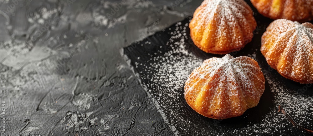 Poster mini madeleine cakes with vanilla bean and icing sugar on a black slate plate with copy space image.