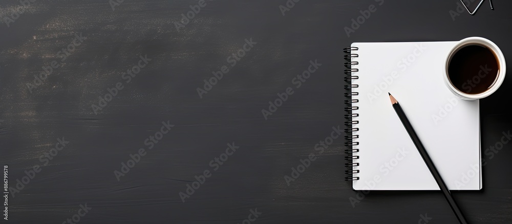Poster Top view of a contemporary black desk with a spiral notepad, pencil, coffee cup, and decorations, ideal for showcasing your text on the empty space in the image.