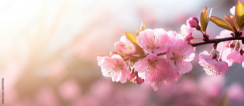 Poster Blooming pink sakura flowers in a garden with sunlight, creating a natural spring setting with copy space image.