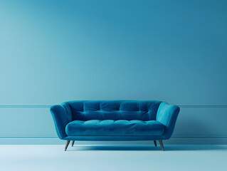 Fototapeta premium Blue luxury soft comfortable sofa on a blue plain background. Neural network AI generated art