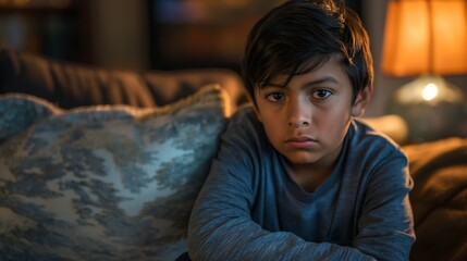 Obraz premium Pensive Young Boy Sitting on Couch in Cozy Living Room with Warm Lighting for Home Decor, Family Moments, Lifestyle Photography