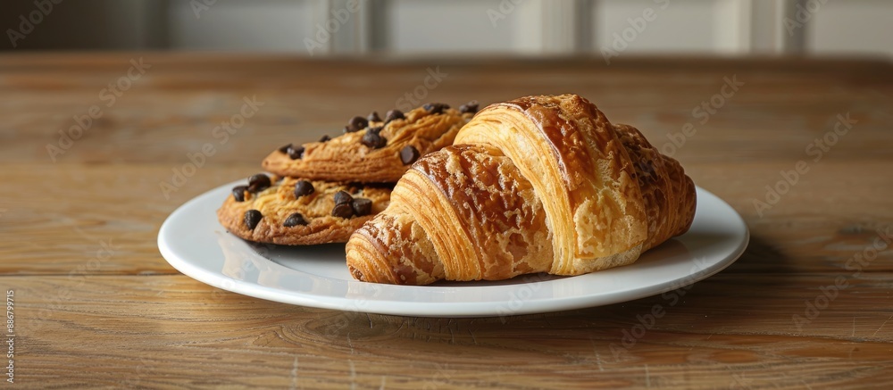 Poster A croissant and a cookie are displayed on a plate on the table with a copy space image available.