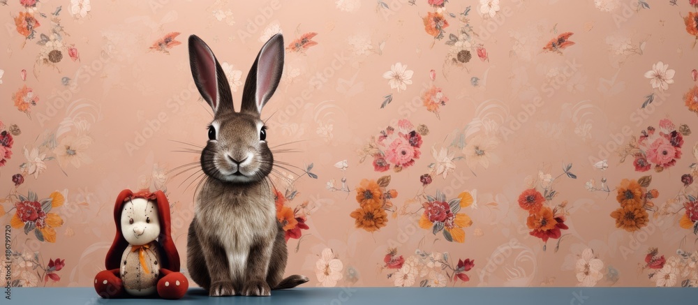 Aufkleber Easter Rabbit against rabbit-patterned wall in a digital composite with copy space image.