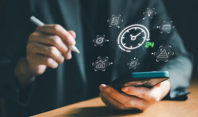 Business person with time management activity to improve productivity, process optimization and...