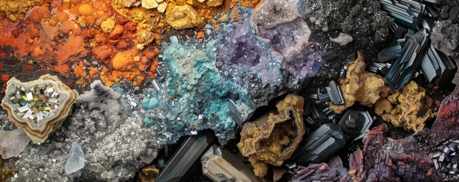 A detailed illustration of rare earth minerals in their raw form, with elements such as promethium