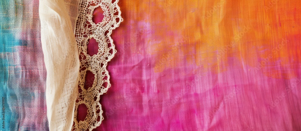 Poster Natural linen with lace ribbon against a vibrant cloth backdrop, creating a border frame for a copy space image.