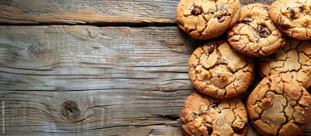 Poster a close-up of delicious cookies on a rustic wooden surface, with space for text or other elements in