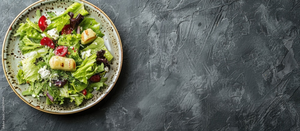 Poster Caesar salad plated on a modern ceramic dish placed on a slate table with a backdrop perfect for copy space image.