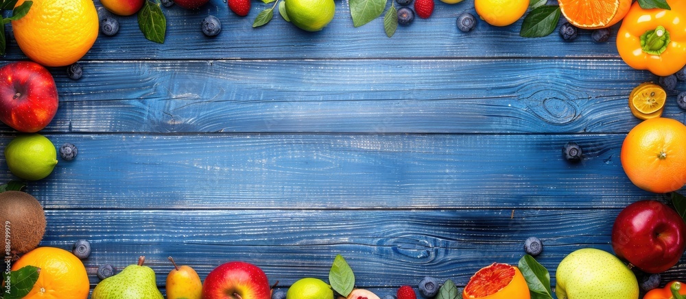 Poster blue wooden background with fresh fruits displayed and space in the middle for text.