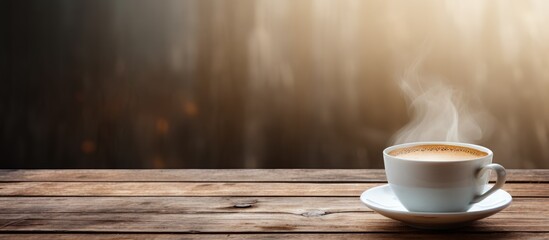 Hot drink in a coffee cup on an old wooden surface with ample copy space image.