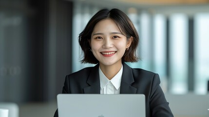 Asian businesswoman in a formal suit smiling while working on a laptop in a sleek office environment showcasing corporate success and professional confidence Portrait, Realistic Photo, High