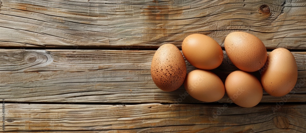 Poster Three eggs displayed on a rustic wooden table with copy space image.