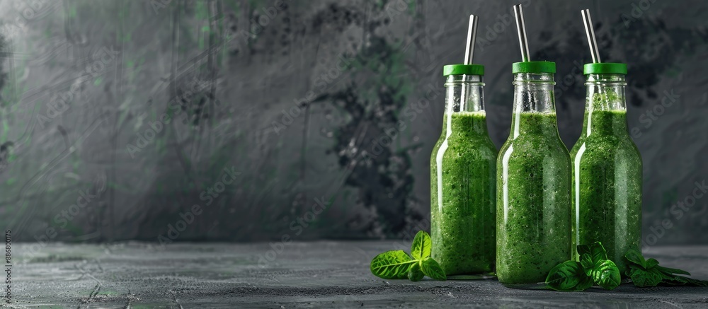 Aufkleber Green smoothie with a metal straw in small bottles creating a healthy lifestyle concept on a gray backdrop with ample copy space image.