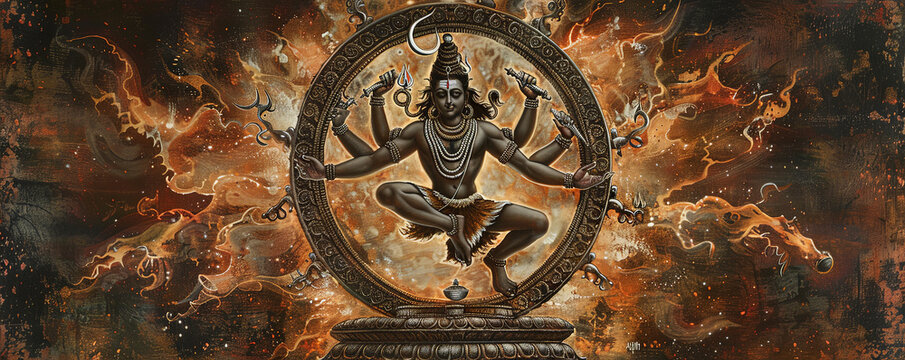 A detailed depiction of the cosmic dance of Lord Nataraja, the dancing form of Shiva, surrounded by