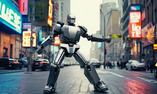 A robot is dancing on a city street, surrounded by cars and people. The scene is set in a busy urban environment