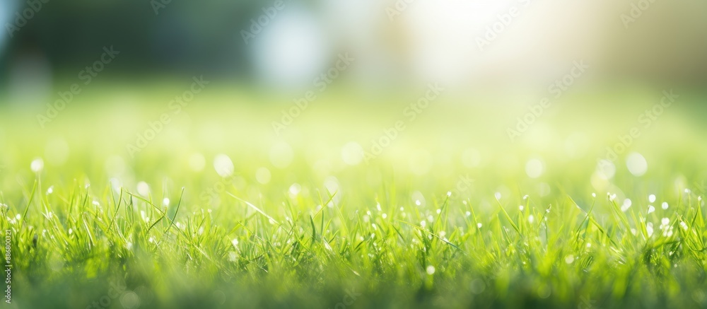 Poster fresh green grass field with a blurred background, ideal as a natural backdrop for summer product ad