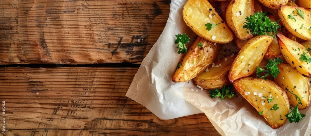 Aufkleber top-down view of salted and dilled potato wedges on white paper against a background of dark wood, w