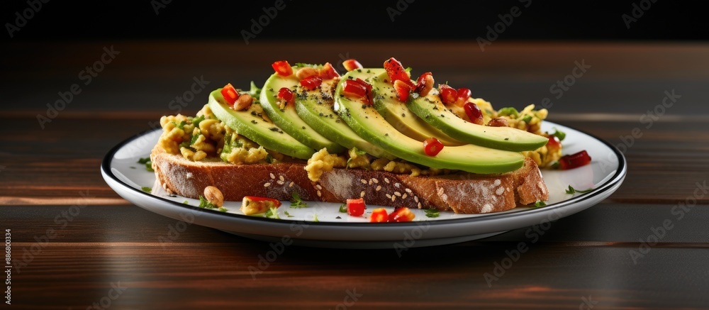Poster avocado and chili on rye bread displayed on a white plate with a plain white background, perfect for